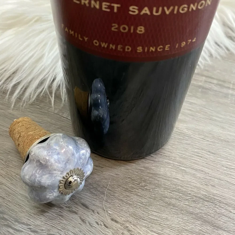 Wine Cork Stopper Decorative Blue Painted Floral Ceramic